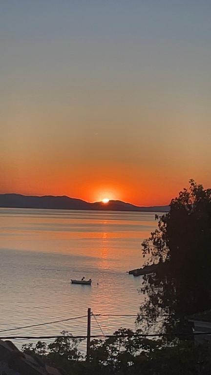 a boat on the water at sunset at Little Graceland in Afissos