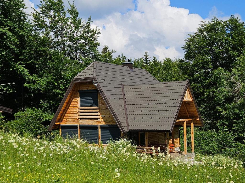 a log cabin with a black roof on a field at Šumska vila in Šljivovica