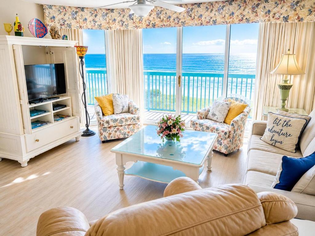 a living room with a view of the ocean at Ashworth 303 in North Myrtle Beach