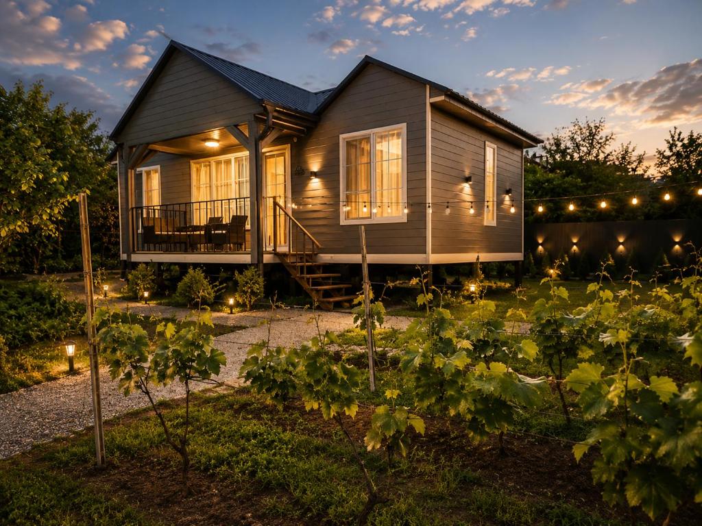 a house in a vineyard at night with lights at Nia&Mari in Telavi
