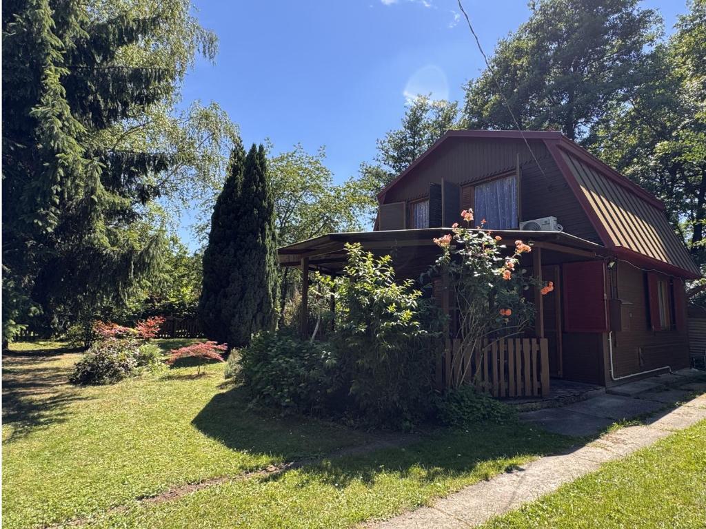 a small red house in a yard with trees at Élet Fája Vendégház in Kemence