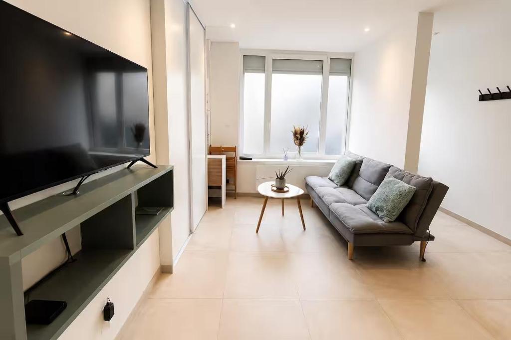 a living room with a couch and a flat screen tv at Immeuble privatif 3 logements et 1 logement non loin de l'immeuble in Le Portel