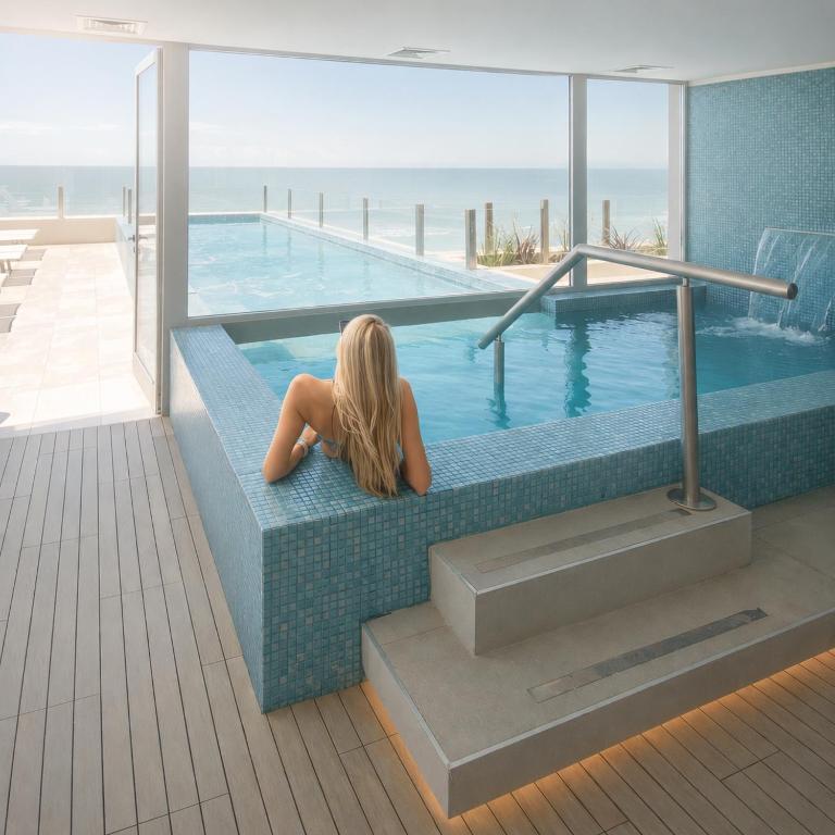 a woman sitting on a bench next to a swimming pool at Pinamar Beach Resort in Pinamar