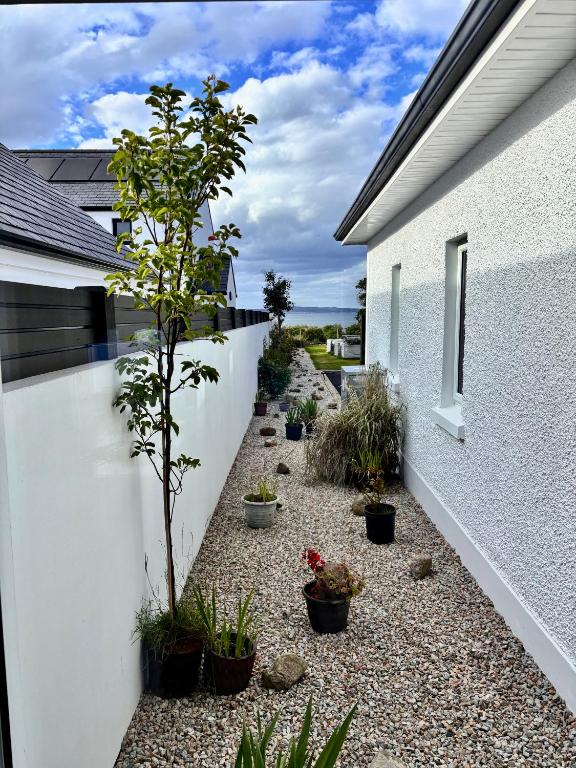 a garden with potted plants on the side of a house at Luxury sea view villa in Ballycastle