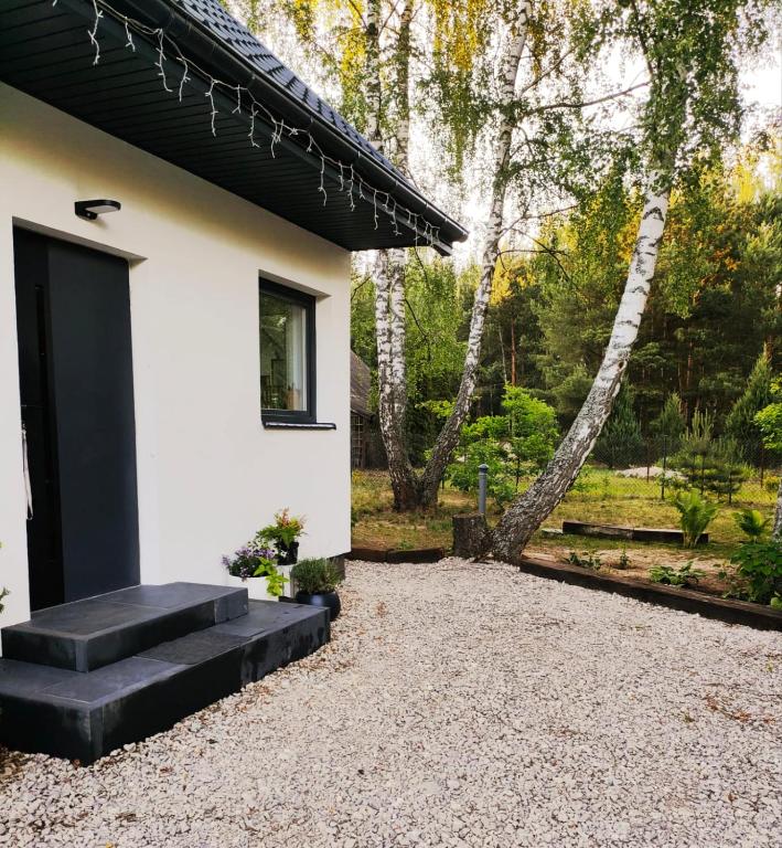 a house with a black door and a driveway at Siedlisko Niwy in Łęki Szlacheckie
