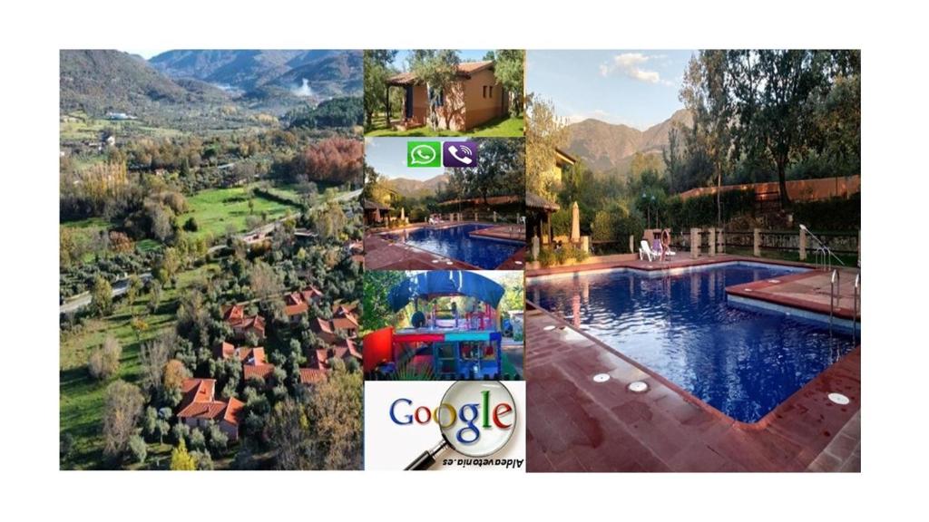 a collage of photos of a pool at a resort at Aldea Vetonia Resort Familiar- PISCINAS-4 Zonas infantiles y deportivas 4 ACTIVIDADES AL DIA HASTA EL 8 DE SEPTIEMBRE CON MONITORES "SE ACEPTAN MASCOTAS DESDE EL 28 DE AGOSTO" in Hervás