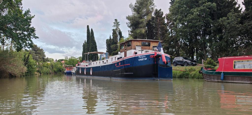 a large boat is docked on a river at Péniche ALEGRIA in Poilhès