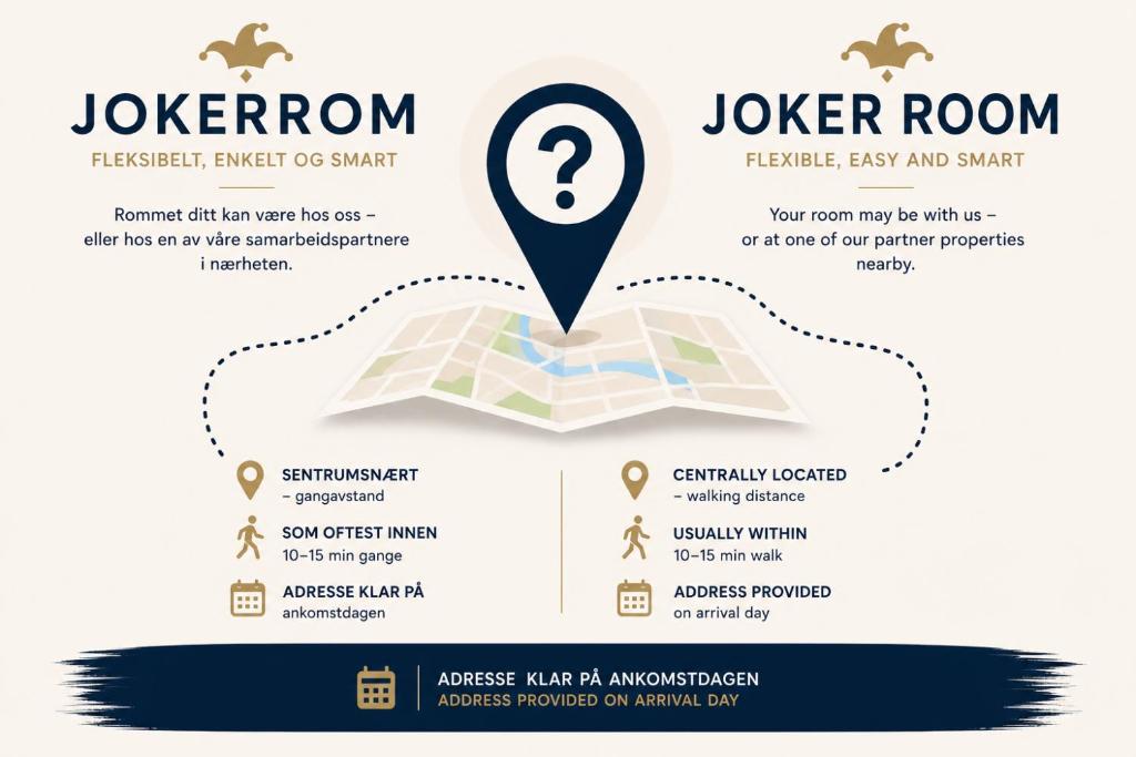 a label for a joker room with a map and a pointer at KM Rentals - Lillestrøm City Centre - Selected Hotels in Lillestrøm