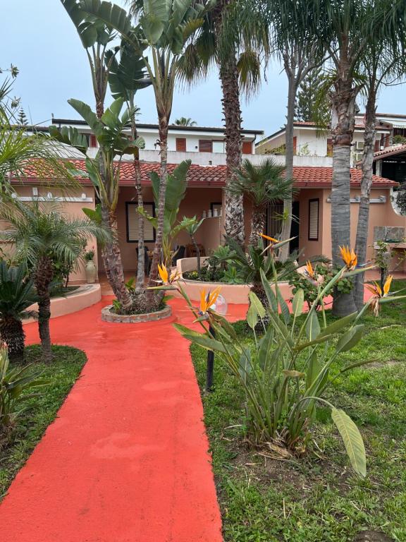 a red carpet in front of a building with palm trees at Villette Isabella in Parghelia