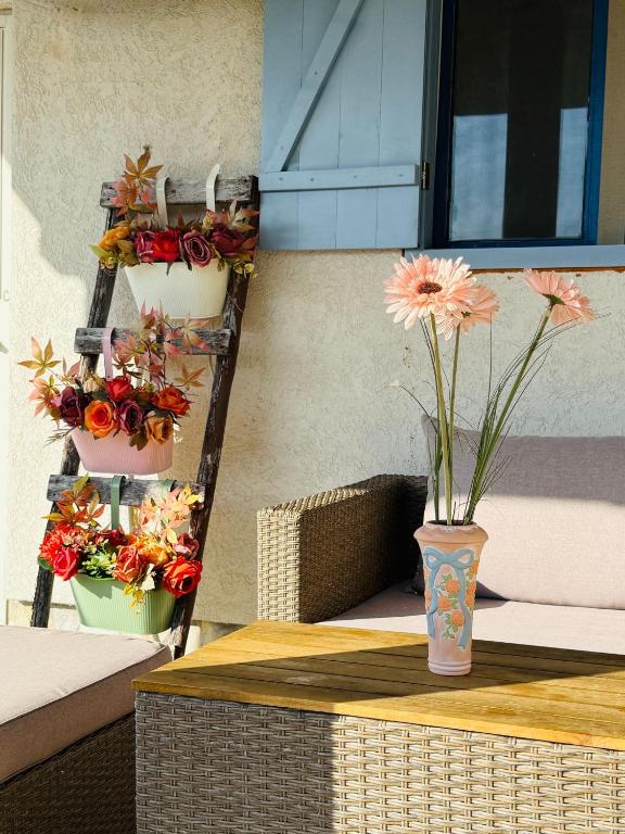 a table with flowers in a vase on it at Ottov Raj Na Dunavu in Krčedin
