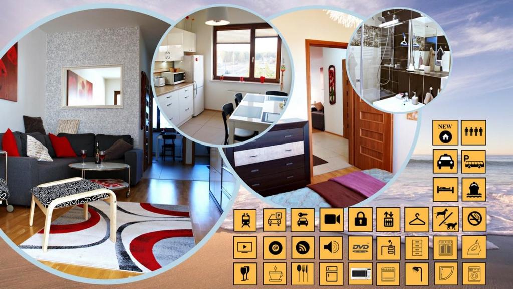 eine Collage mit Fotos von einem Wohnzimmer und einer Küche in der Unterkunft Apartament Aga Świnoujście in Świnoujście
