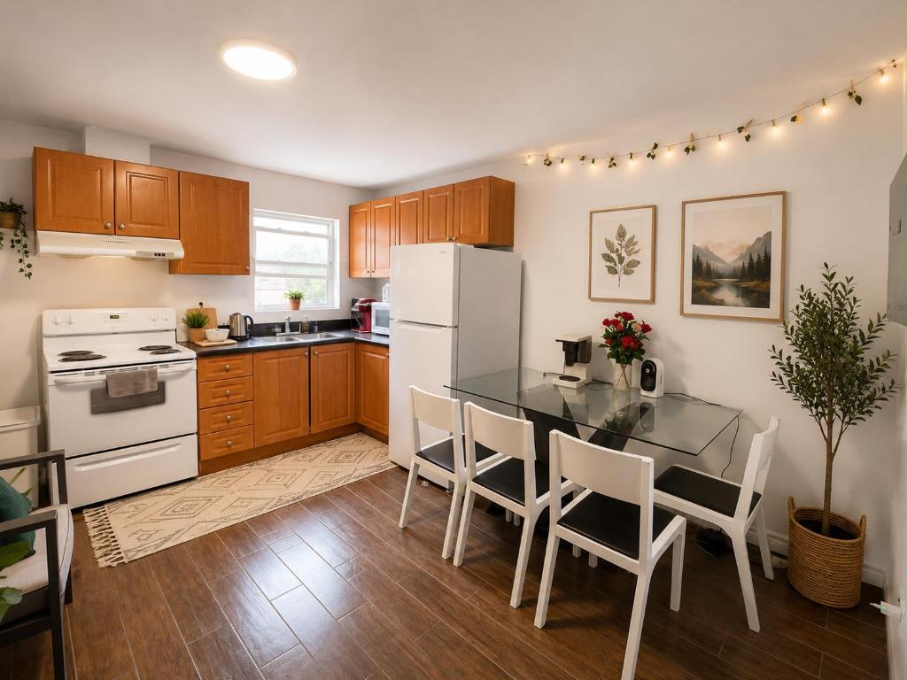 a kitchen with a table and a white refrigerator at ChinaTown Boutique Rooms in Toronto
