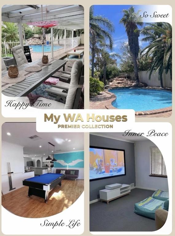 a collage of pictures of a living room and a pool at Edgewater Whole Holiday Resort in Perth