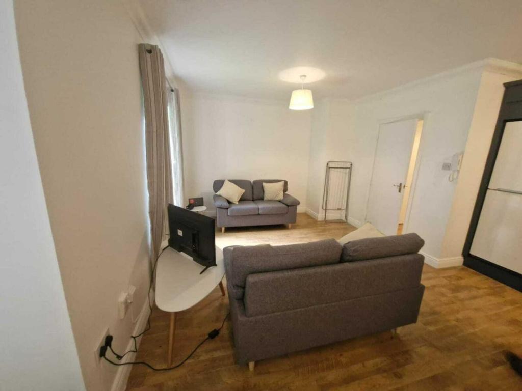a living room with a couch and a television at Spacious Bright Modern Apt With Garden in Dublin
