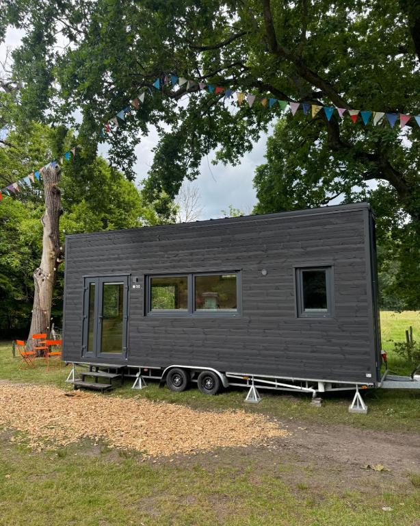 a black tiny house parked under a tree at Tiny House Porto op Domein Kiewit in Hasselt