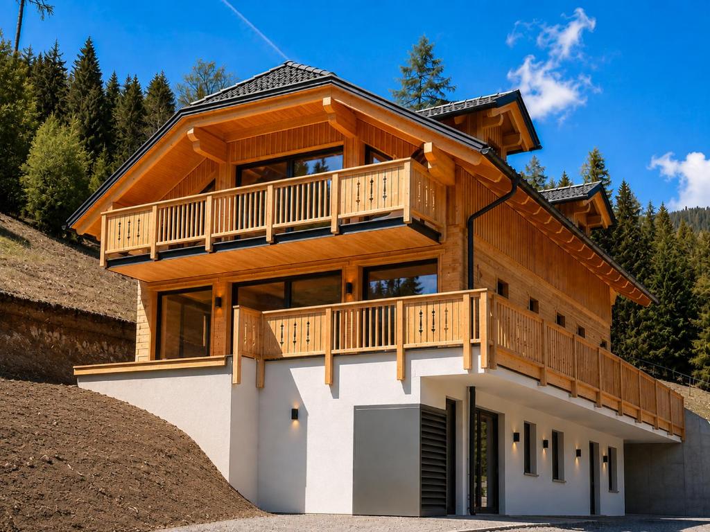 a house with a balcony on top of it at NockLodge Sankt Oswald in Bad Kleinkirchheim