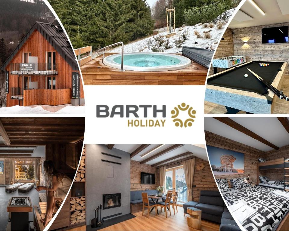 a collage of pictures of a cabin with a swimming pool at Wellness apartmány BARTH Holiday in Dolní Morava