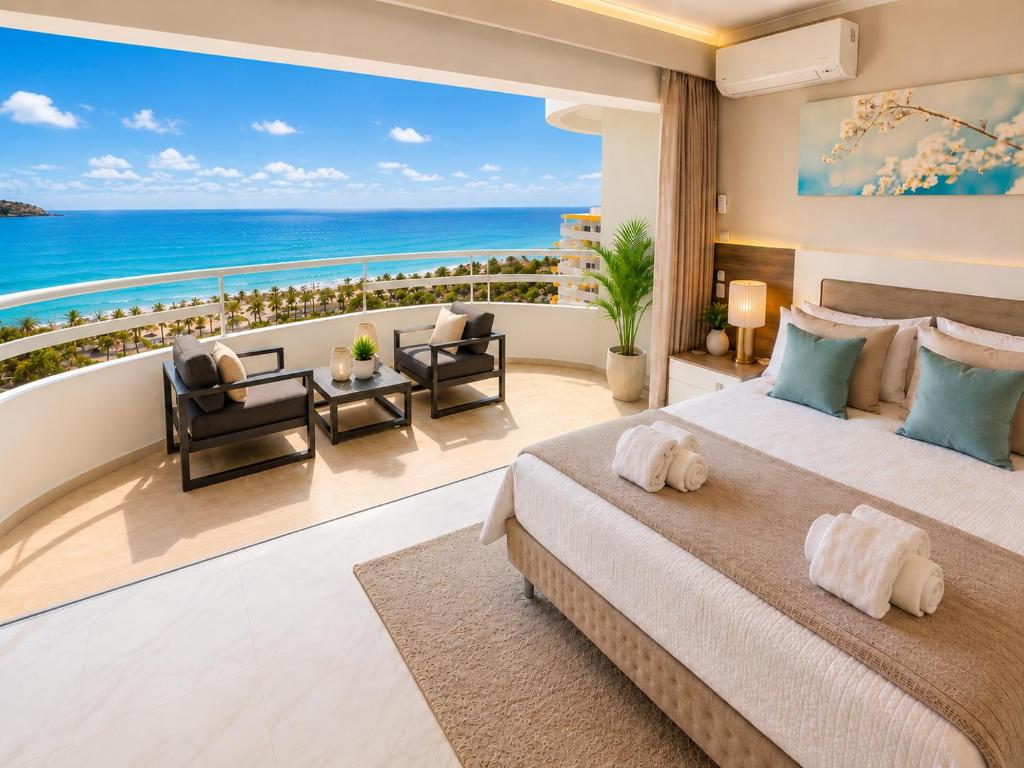 a bedroom with a bed and a view of the ocean at Luxury Ocean View Apartments I Sunset Terrace I Pool I 200m to Praia dos Três Castelos in Portimão