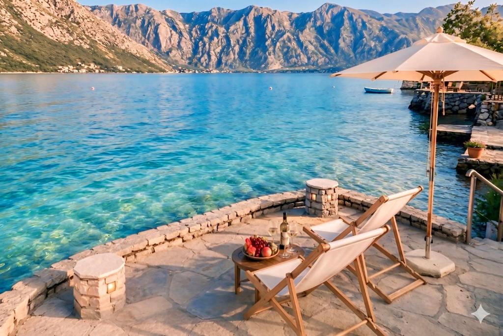 a table and chairs next to a body of water at Apartments Djurovic in Kotor