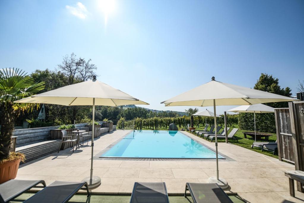 a swimming pool with two umbrellas and chairs at Genussgut Krispel in Neusetz
