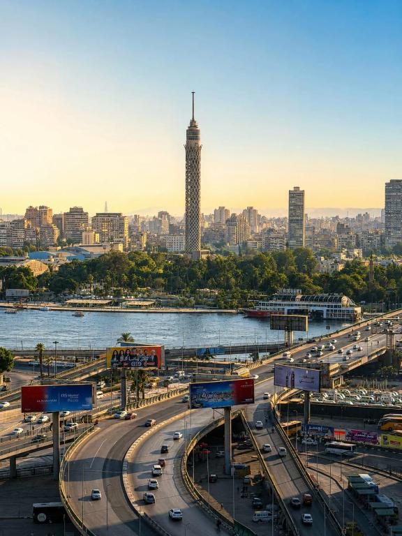 a highway in a city with a tall tower at Nile View Plaza Hotel in Cairo