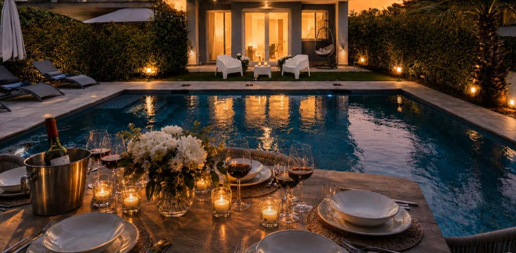 a table with plates and glasses next to a swimming pool at Villa Karolina Luxury Pool Villa Desenzano del Garda in Desenzano del Garda