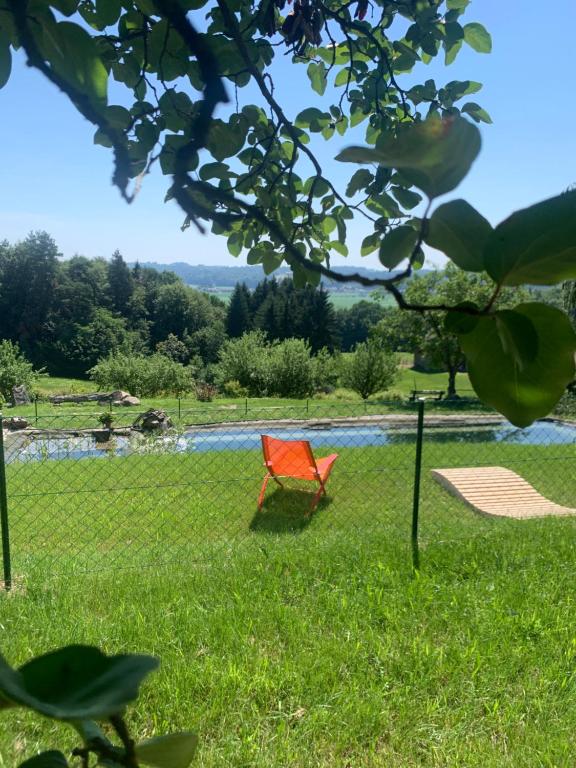 a orange chair sitting in the grass near a river at Koschak Wirt & Weinbauer in Heimschuh