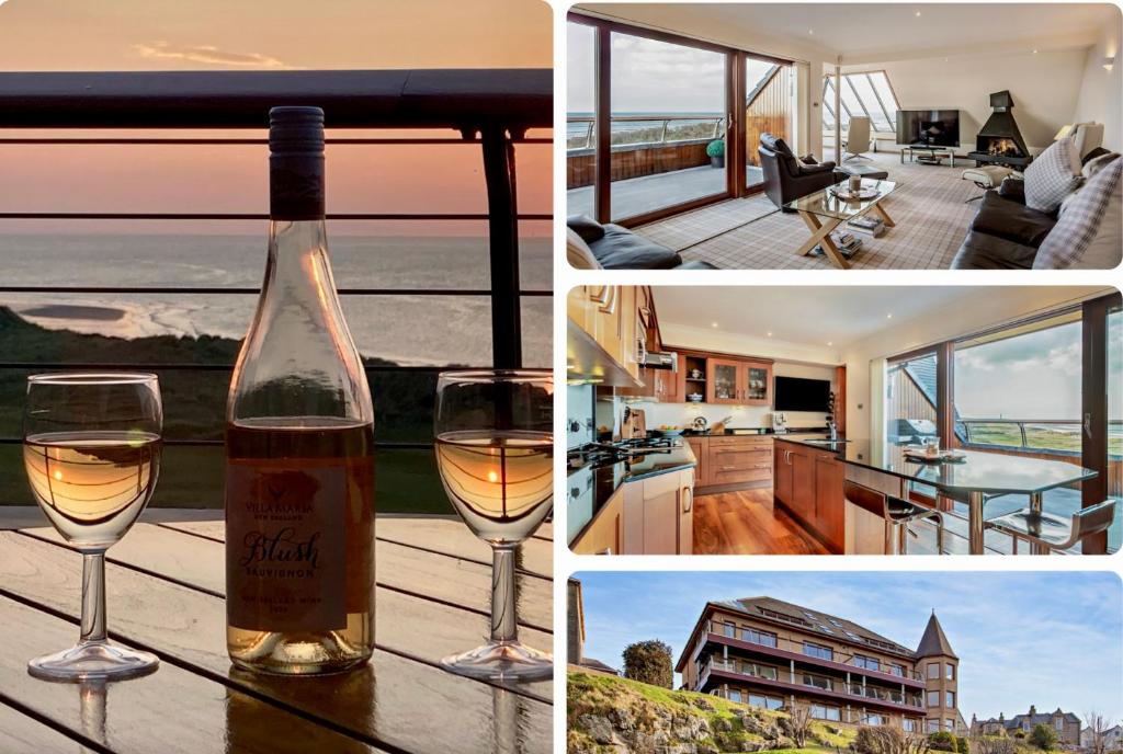 a collage of photos with a bottle and a glass of wine at Penthouse Golf View Apartments in Lossiemouth