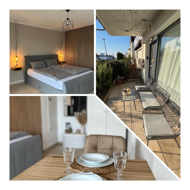 a collage of pictures of a bedroom and a living room at Cozy apartment in Hagen