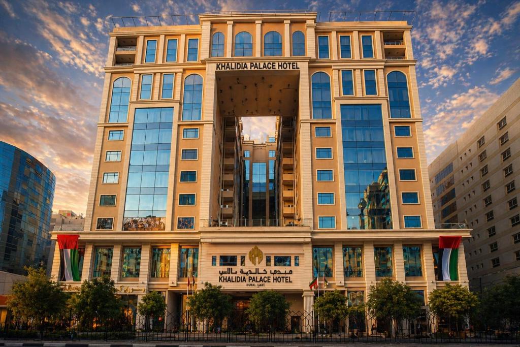 a building with a sign on the front of it at Khalidia Palace Hotel Dubai in Dubai