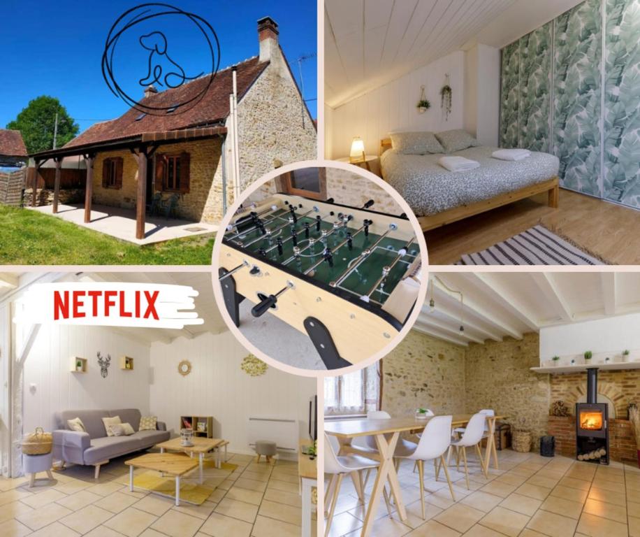 a collage of four pictures of a home with a game of chess at Maison de campagne rénovée proche Argenton Sur creuse in Célon