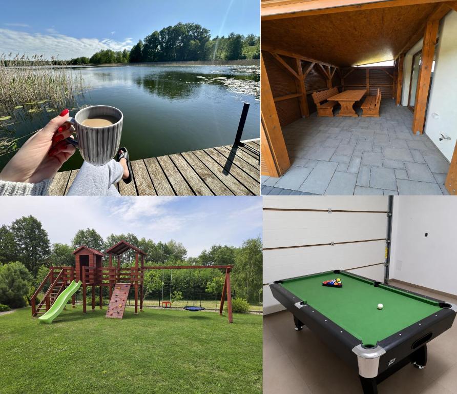 a collage of four pictures with a pool table at Podlaska Oaza in Przejma Wielka