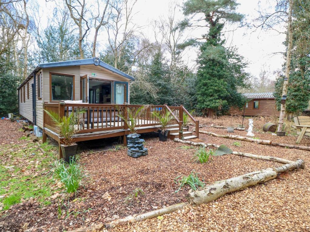 a tiny house with a deck in a yard at Wild Duck Holiday Park in Belton