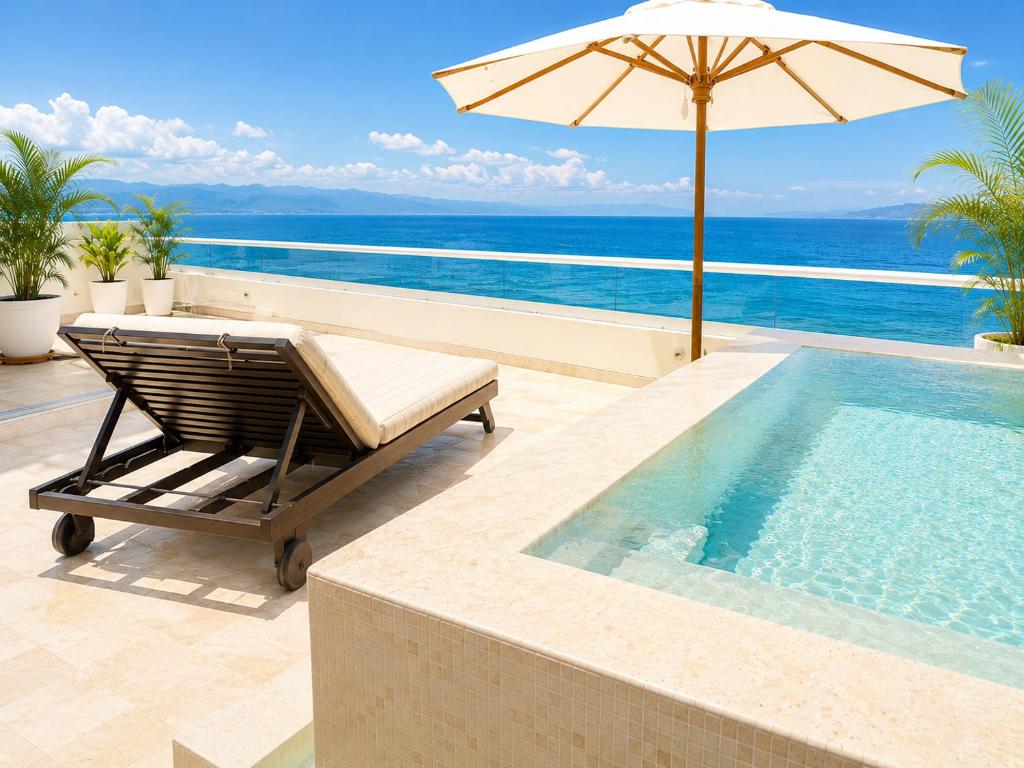 a swimming pool with an umbrella and a chair and a table and an umbrella at Bucerias, Beachfront Penthouse in Bucerías