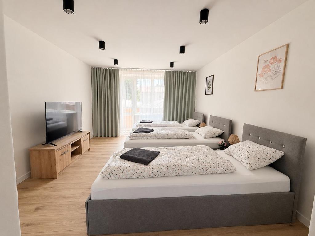 a room with four beds and a flat screen tv at Apartmán Strážske s balkónom in Michalovce