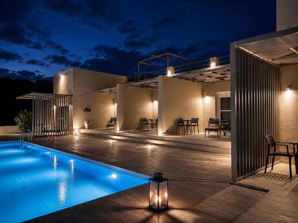 a house with a swimming pool at night at Galinio Boutique Apartments in Skafidia