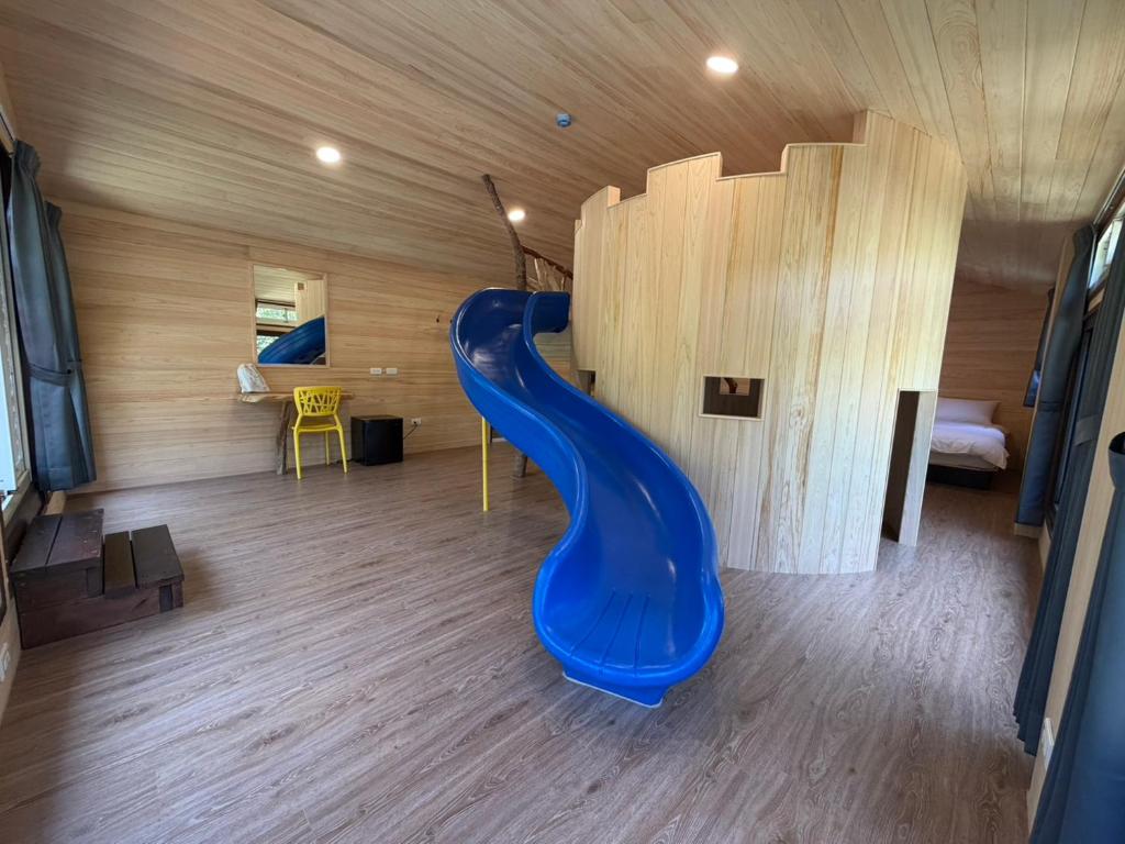 a house with a slide in the middle of a room at 木木杉民宿 in Puli