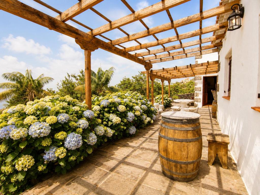 a wooden pergola with a barrel and flowers at La Tanquera y Las Rosas in Los Realejos