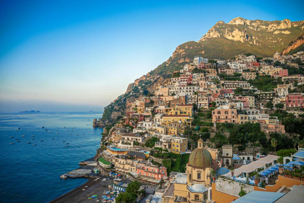 an aerial view of positano on the amalfi coast at Hotel L'Ancora in Positano