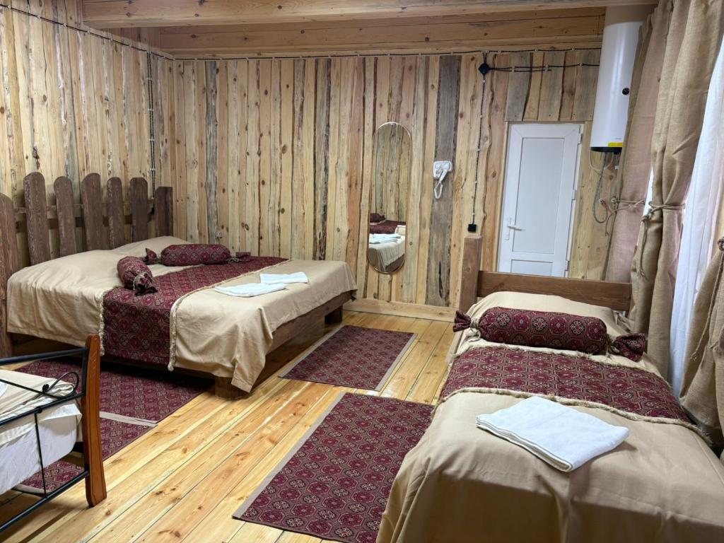 two beds in a room with wooden walls at Kolsay Aisha in Saty