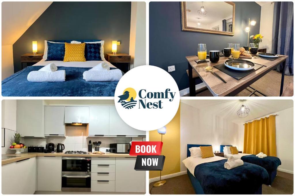 a collage of pictures of a bedroom and a kitchen at Contractor 4 bed, sleeps 7 long stay discount in Casterton