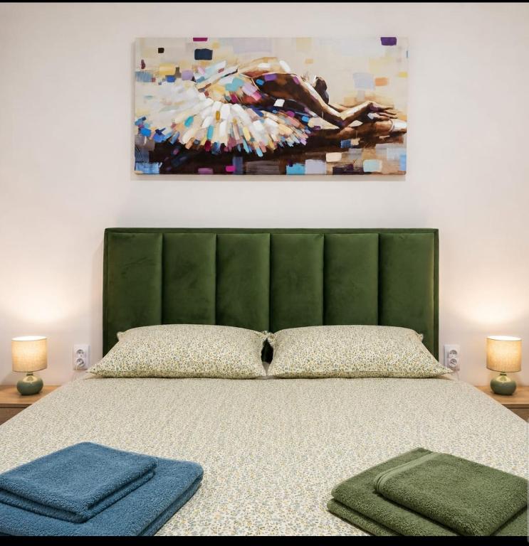 a bedroom with a bed with a green headboard and a painting at Zaga Bloom Apartment in Banja Koviljača