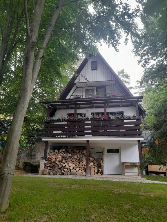 a house with a pile of fire wood at Chata Ružín nad Vodou in Margecany