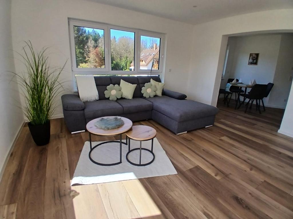 a living room with a couch and a table at Ferienwohnung Skulpturenweg in Ludwigswinkel