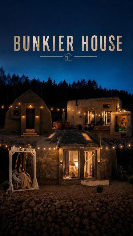 a sign that reads buffler house at night at Bunkier House in Niedźwiada