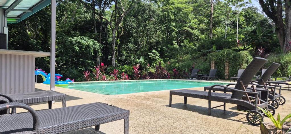 a swimming pool with chairs and a table and a swimming pool at Senda Adults Only Hostel in Manuel Antonio