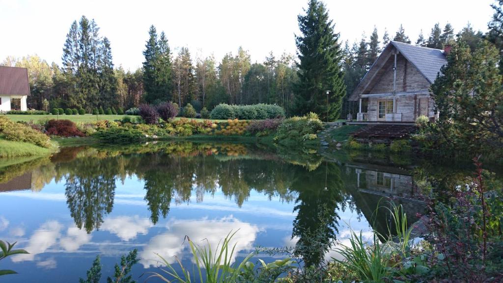 ein Haus und ein Teich im Garten in der Unterkunft Kõrveküla Holiday Centre in Kõrveküla