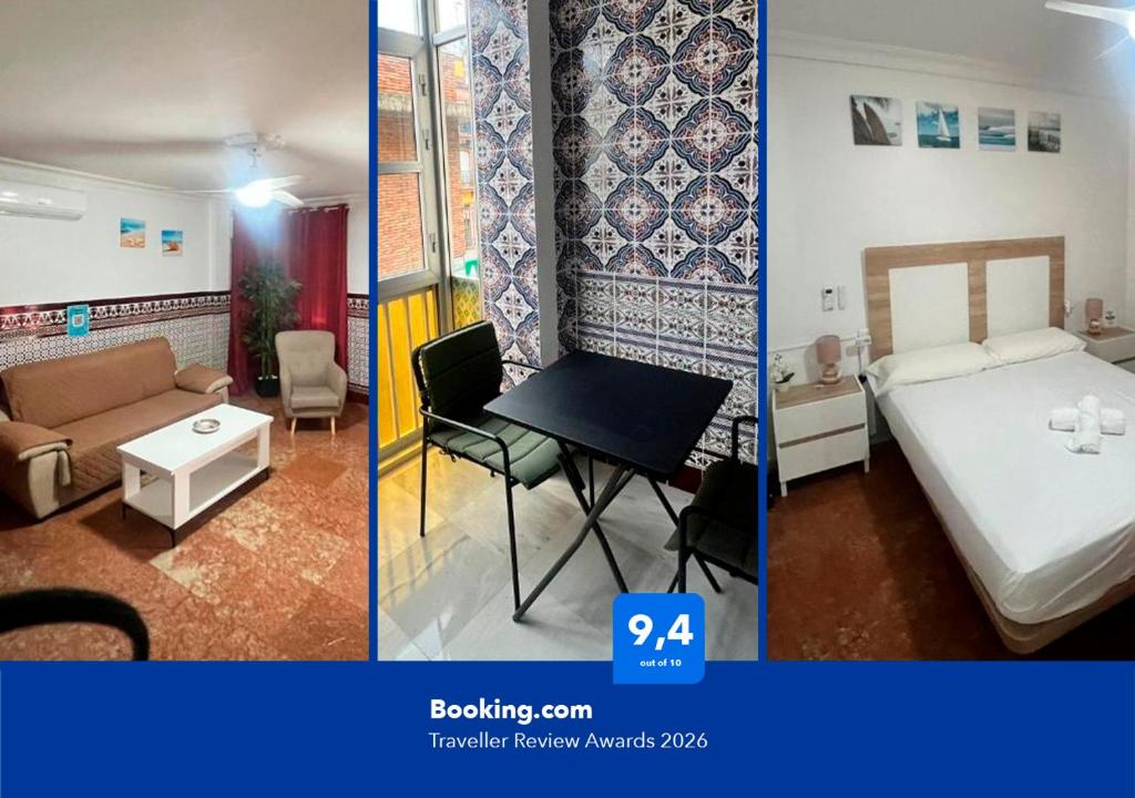 two pictures of a room with a bed and a living room at Apartalux Isla Cristina in Isla Cristina