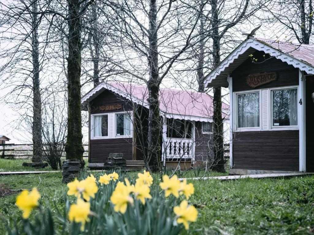 a small house with yellow flowers in front of it at Ásgarður Guesthouse in Hvolsvöllur