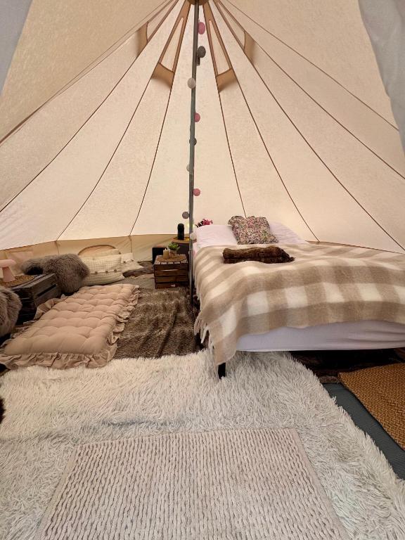 a bedroom with two beds in a tent at Rampestreken Glamping in Åndalsnes